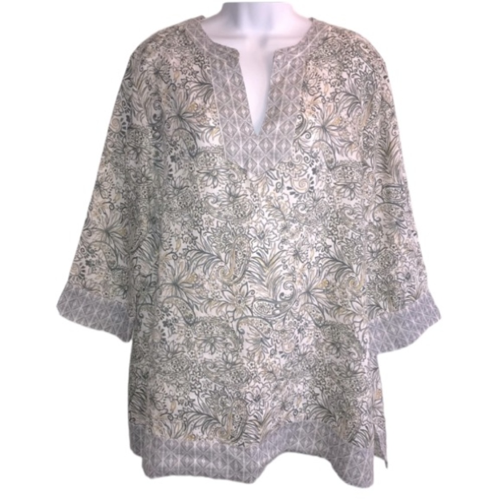 Women's Floral Split-Neck Tunic Top - Cream and Light Gray